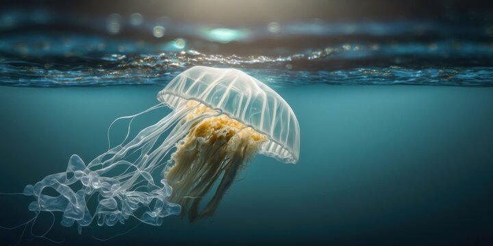 jellyfish swimming in the ocean with the sun shining through the water bubbles on the surface of the water, with a plastic bag floating, generative ai