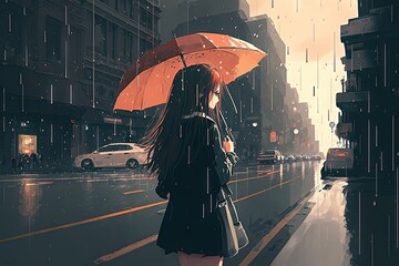 Anime girl holding a umbrella while rain and cross the road