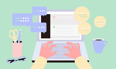 ノートパソコンとチャット型AIを使うシーンをイメージしたイラスト　
