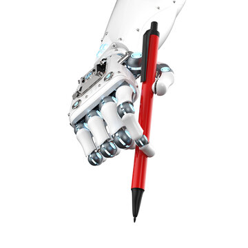 Ai art generator with robot writing assistant or essay generator hand hold pen