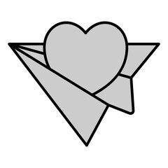 The heart flies on a paper plane - icon, illustration on white background, grey style