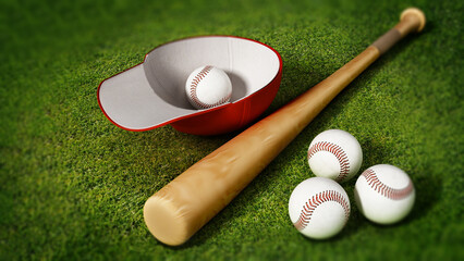Baseball cap, ball and bat standing on grass field. 3D illustration