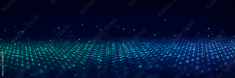 Poster futuristic perspective grid of hexagons. futuristic honeycomb concept. digital technology webflow. b