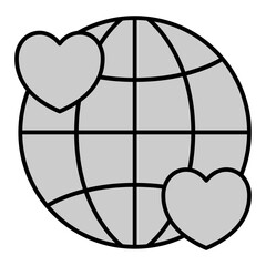 Globe and two hearts - icon, illustration on white background, grey style