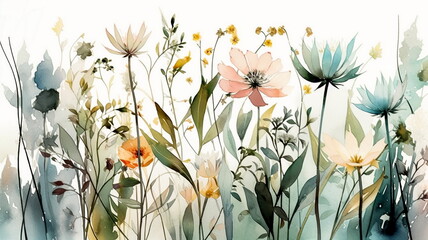 Minimalist delicate wildflowers on the right in soft watercolor tones with a white background  - generative ai