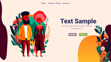 young couple in casual clothes african american man woman two friends family standing together full length