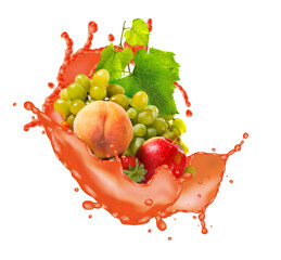  group of fruits surrounded by a splash of fruit juice