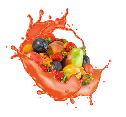 group of fruits surrounded by a splash of fruit juice