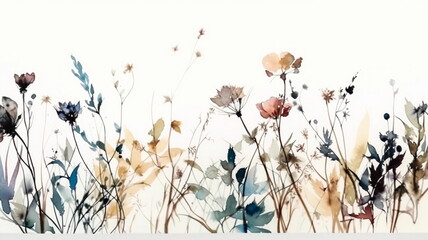 Minimalist delicate wildflowers on the right in soft watercolor tones with a white background  - generative ai