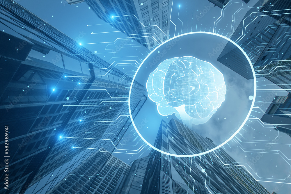 Poster Glowing circuit brain hologram on blurry city background. Neural network. IQ testing, artificial intelligence virtual emulation science technology concept. Brainstorm think idea. Double exposure.