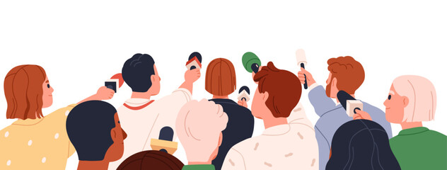 Many journalists with microphones in hands, back view. Reporters crowd with mics from behind. Mass media, press conference, journalism concept. Flat vector illustration isolated on white background - obrazy, fototapety, plakaty