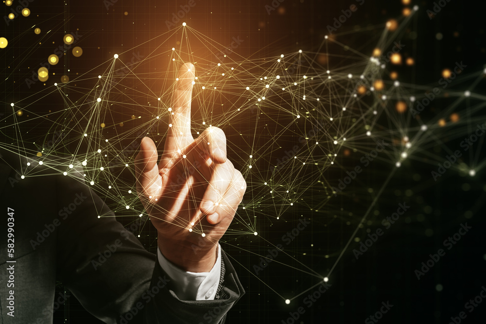 Poster Close up of businessman hand pushing and using glowing polygonal mesh interface on dark background. Technology and network concept.