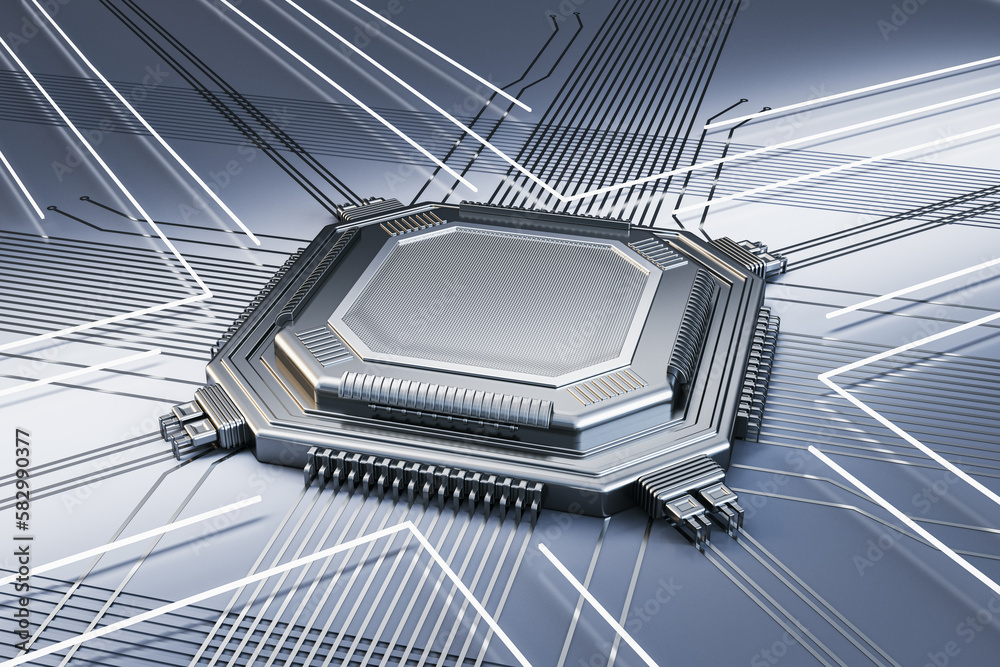 Poster Creative empty silver chip on metal backdrop with lines. Mock up place. Technology and motherboard, computer and hardware concept. 3D Rendering.