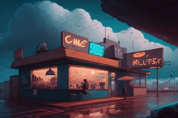 Lo-fi Anime Corner Cofe Shop, Generated AI, Suitable for Background