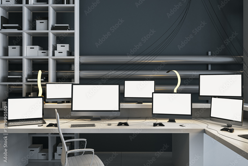 Poster Bright office interior with multiple empty white computer monitors on light desk. Gaming, work, hacking and bitcoin mining concept. Mock up, 3D Rendering.