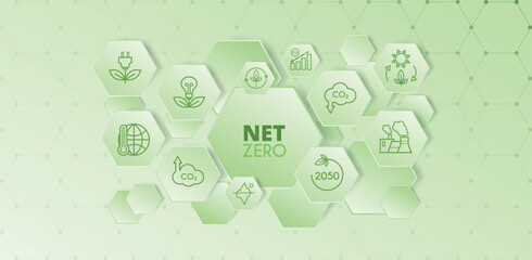 Net zero and carbon neutral concept. Hexagon banner on green background. Net zero greenhouse gas emissions target. Vector illustration.