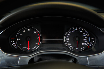 the appearance of the car dashboard in the off state. speedometer, tachometer scale, temperature and fuel level