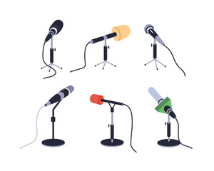 Microphones set. Desktop mics on stands, tripods. Professional audio, voice recording, broadcasting equipment. Table mikes for media, press. Flat vector illustrations isolated on white background
