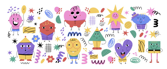 Obraz premium Abstract geometric characters. Basic figures with cute faces, legs and hands, funny graphic mascot. Modern childish creatures. Poster or banner isolated objects. Vector cartoon doodle illustration