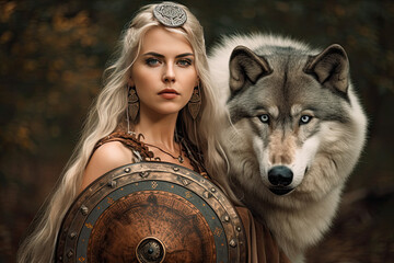 portrait of a viking shield maiden with a wolf guide - Created with generative AI technology