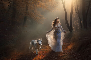 A beautiful ethereal woman walking through the forest at sunrise, guided by a wolf - Created with generative AI technology - obrazy, fototapety, plakaty