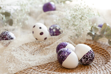 Obraz na płótnie Canvas Festive Easter background with decorative eggs, close up.