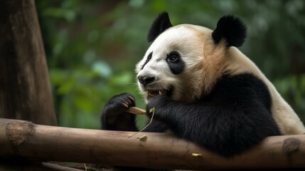 Fototapeta premium A pudgy panda lounging on a tree branch and snacking on bamboo Generative AI