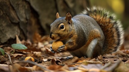 Naklejka na ściany i meble A chubby squirrel hoarding acorns in its paws and mouth Generative AI