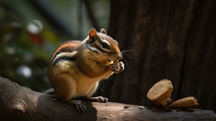 Naklejka na ściany i meble A chubby chipmunk munching on a nut while perched on a tree branch Generative AI