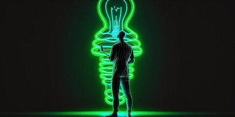 ai-generated human figure with neon outline and a light bulb symbolizing an idea