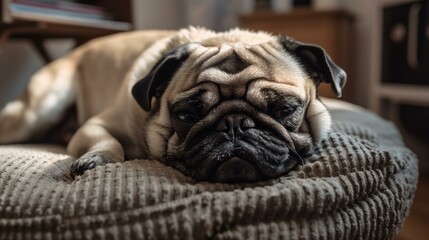 A portly pug snoozing on a cushion with its tongue sticking out Generative AI