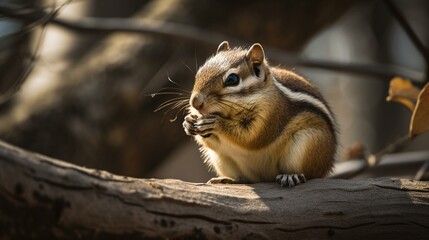 A chubby chipmunk munching on a nut while perched on a tree branch Generative AI