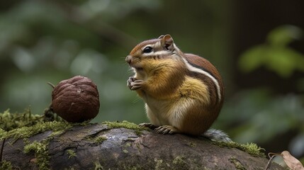 Fototapeta premium A chubby chipmunk munching on a nut while perched on a tree branch Generative AI