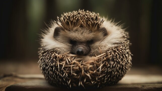 A roly-poly hedgehog curled up into a ball Generative AI