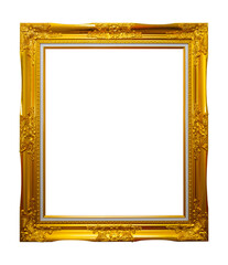 Golden frame for paintings isolated on white background, Full transparent PNG.