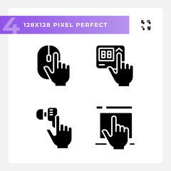 Obraz premium Hands pressing keys on devices pixel perfect black glyph icons set on white space. Electronic gadgets usage. Equipment control. Silhouette symbols. Solid pictogram pack. Vector isolated illustration