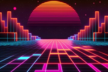 Abstract neon colorful retro synthwave style background
