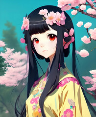 Cute anime girl in kimono dress with dark hair sakura flowers spring, giapponese character illustration, generative ai. - 582993349