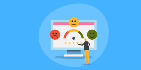 Customer satisfaction meter, client review rating emoticons explains positive experience level on computer screen, business concept vector illustration banner.