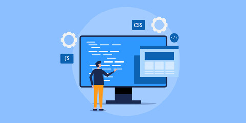 Learning web development online, coding programming on screen website ui java css software application engineer in front of pc screen, vector illustration.