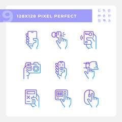 Hands holding electronic gadgets pixel perfect gradient linear vector icons set. Digital equipment usage. Thin line contour symbol designs bundle. Isolated outline illustrations collection