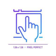 Hand with touchpad pixel perfect gradient linear vector icon. Finger touching controller surface. Digital technology. Thin line color symbol. Modern style pictogram. Vector isolated outline drawing