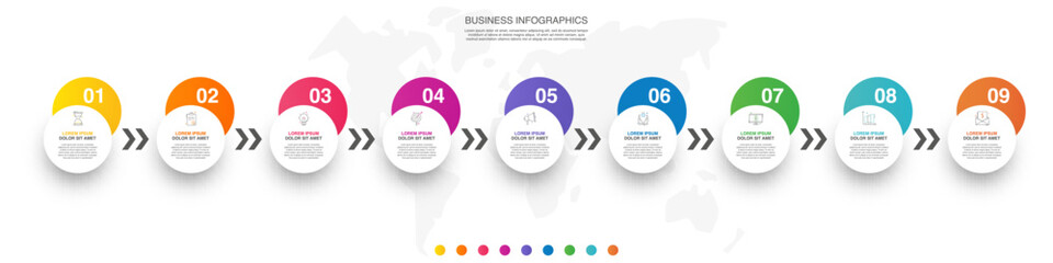 Vector infographics or timeline nine circles cards connected by arrows. Business concept of 9 steps. Design template for diagram, presentations, levels, chart, processes diagram