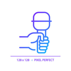 Hand with microphone pixel perfect gradient linear vector icon. Audio recording equipment. Journalist with mic. Thin line color symbol. Modern style pictogram. Vector isolated outline drawing