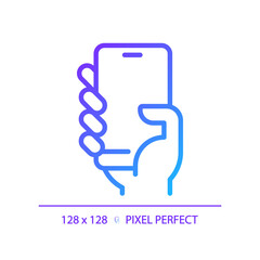 Hand with smartphone pixel perfect gradient linear vector icon. Person holding cell phone. Device for communication. Thin line color symbol. Modern style pictogram. Vector isolated outline drawing