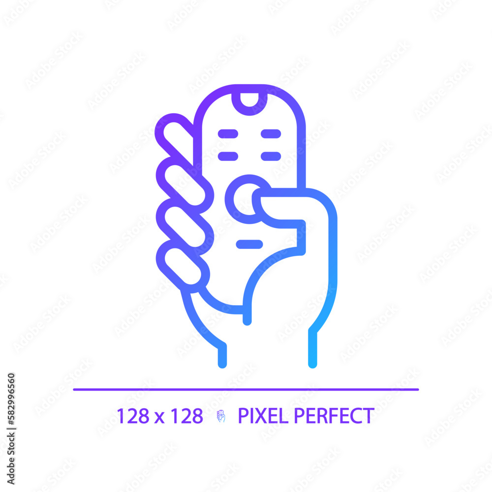 Poster hand with remote control pixel perfect gradient linear vector icon. digital device. contactless infr