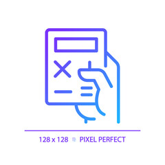 Hand with calculator pixel perfect gradient linear vector icon. Device for counting. Office and school digital tool. Thin line color symbol. Modern style pictogram. Vector isolated outline drawing