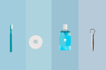 Collage with dentist's tools and items for oral hygiene on colorful background. Dental floss, mouthwash, toothbrush, tongue scraper on harsh background