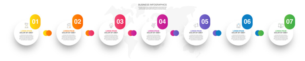 Vector line infographics with seven circles. Business concept graphic process template with 7 steps. Graphic timeline for app, website, interface, chart, levels, web, diagram, banner, presentations