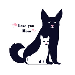 Happy Mother's day design with German shepherd dog and little baby puppy around her. For shepherd lovers every where. Black full height silhouette of a dog.